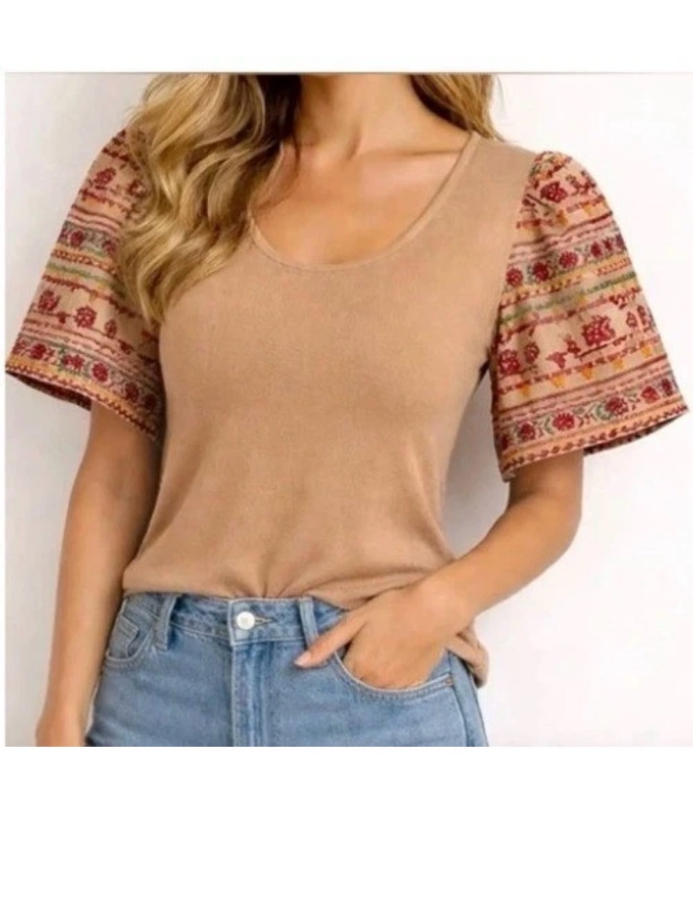 Anthropologie Dolan Boho Folk Embroidered Puff Sleeve Knit Top Blouse Size M